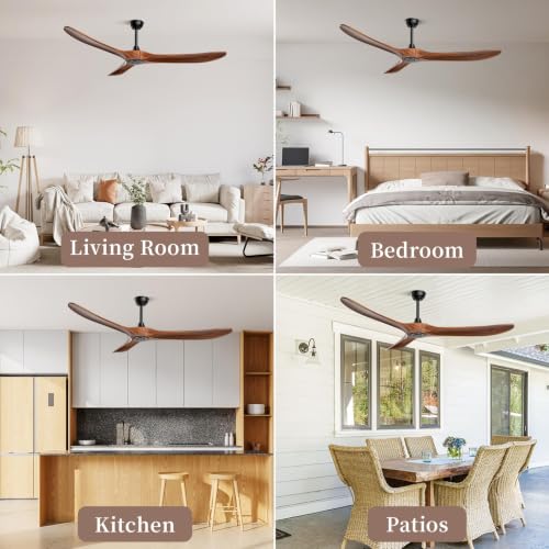 Image of Obabala 52 Inch Ceiling Fan No Light, Wood Indoor Outdoor Ceiling Fans Without Lights, Modern Propeller Exterior 3 Blade Wooden Fan for Patios Bedroom Living Room Porch(Walnut)