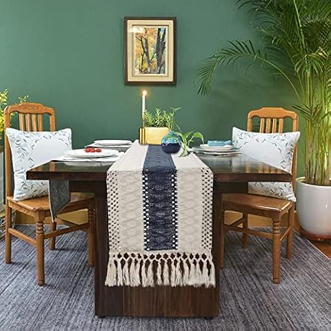 NyShine Table Runner, Cotton and Natural Burlap Splicing Table Runner with Tassels,Hand Woven Natural Farmhouse Table Runner for Bohemian Wedding Home Kitchen Dining Table Decor, 12 x 79 Inch (Blue) Cover