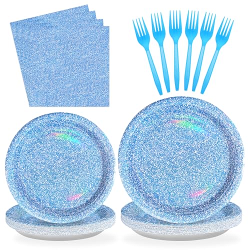 96 PCS Blue Party Supplies 350 GSM Holographic Rainbow Blue Plates and Napkins Tableware Set Iridescent Blue Party Decorations for Winter Birthday Party Wedding Anniversary Bridal Baby Shower Serve 24