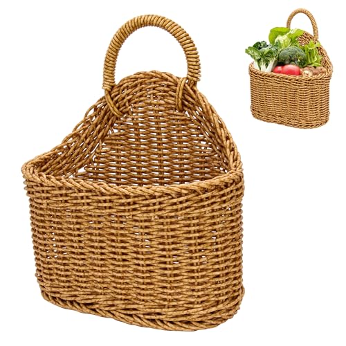 Plastic Wicker Hanging Basket, Kitchenware Hanging Basket Wall Flowers Front Door Hanging Fruit Vegetable Woven Wall Baskets For Kitchen 9.3X7.5X4.2In
