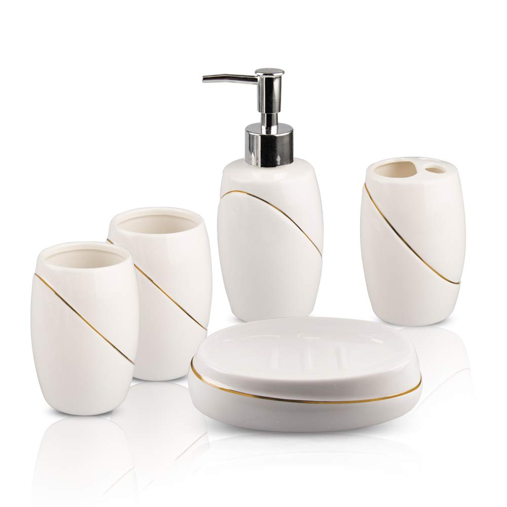 5 Piece Ceramic Bathroom Accessories Set - Includes Toothbrush Holder, Soap Dispenser, Tumbler, Soap Dish (White)
