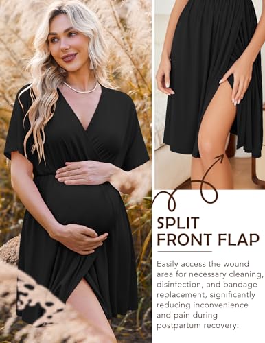 Image of Ekouaer 3 in 1 Labor and Delivery Gown for Hospital Short Sleeve Maternity Nursing Dress Nightgown Postpartum Sleepwear