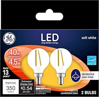 GE Lighting 24535 Clear Finish Light Bulb Dimmable LED Daylight Decorative G16.5 Globe 4 (40-Watt Replacement), 350-Lumen Candelabra Base, 2 Count (Pack of 1)