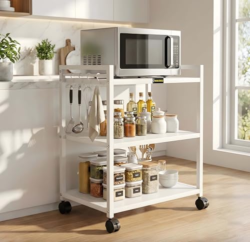 Image of 3 Tier Metal Kitchen Storage Rack with Wheels | Heavy Duty Multipurpose Microwave Oven Stand | Rolling Utility Shelf for Home, Office & Bathroom Organizer (White)
