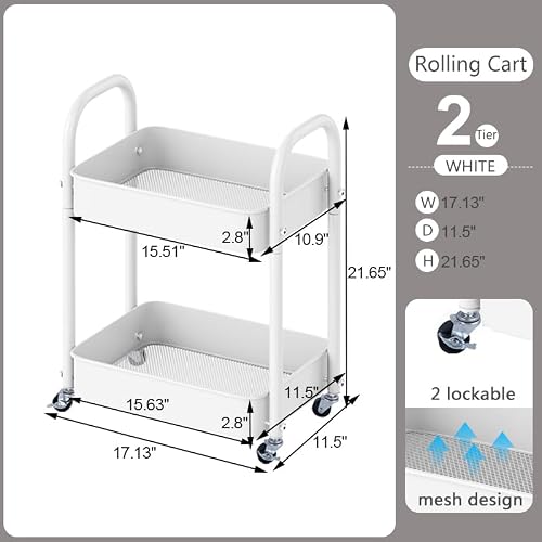 Melody House 2 Tier All-Metal Rolling Cart,Rolling Storage Cart with Handle and Locking Wheels Kitchen Cart,Laundry Office Bathroom Storage Organizer Cart with Wheels, White