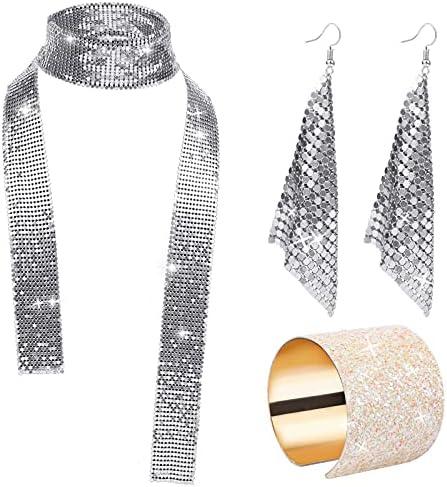 3 PCS 1970s Disco Accessories Disco Set Metal Scarf, Bling Earrings and Bracelet for Women