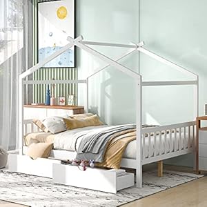 House Beds Wood Platform Bed Frame with Storage Drawers Full Size Platform Bed with Headboard & Footboard for Kids Boys Girls Teens, White House Beds Wood Platform Bed Frame with Storage Drawers Full Size Platform Bed with Headboard Footboard for Kids Boys Girls Teens White