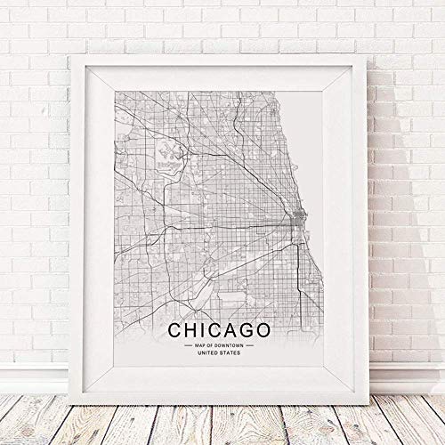 Chicago City Downtown Map Wall Art Chicago Street Map Print Map Decor City Chicago Road Art Black And White City Map Office Wall Hanging 8X10 Inch No Frame #TOP2