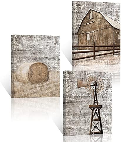 SiMiWOW Windmill Wall Decor Country Farmhouse Wall Art Barn Corn Field Windmill Painting Framed Canvas Prints Ready to Hang