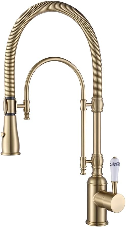 Single Handle High Arc Kitchen Sink Faucets Brushed Gold Dual-Mode Pull-Down Kitchen Faucet Solid Brass Porcelain Handle