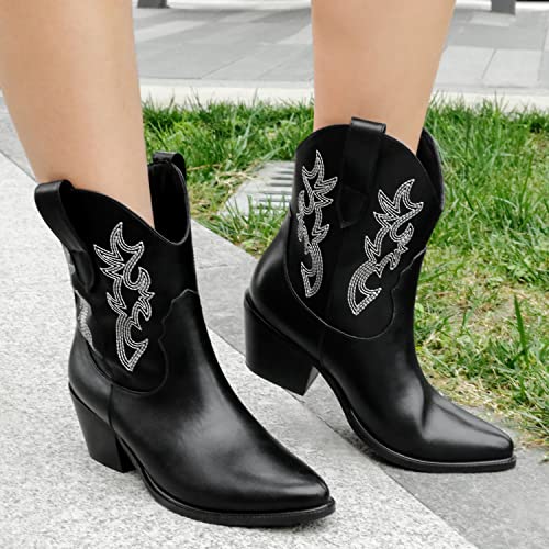 Zzheels Women's Embroidered Western Cowboy Boots Cowgirls Boots Chunky Heel Pointe Toe Boots Black Matte Us7.5 #TOP6
