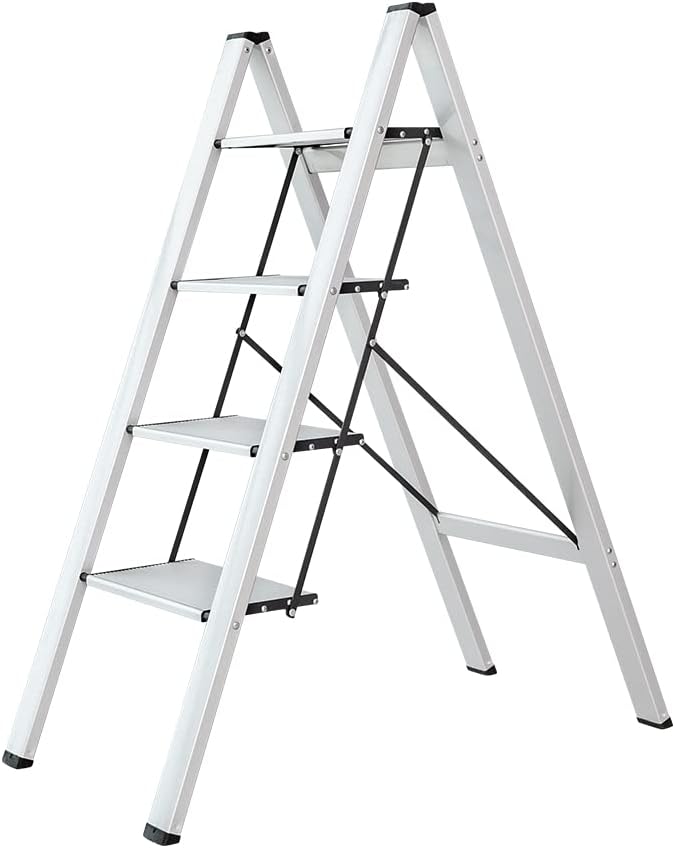 BAOYOUNI 4 Step Ladder Lightweight Folding Aluminum Step Stool Heavy Duty Stepladders 298lbs with Anti-Slip Wide Pedal for Household, Office, Garage, Garden, Painting - Silver (4-Step)