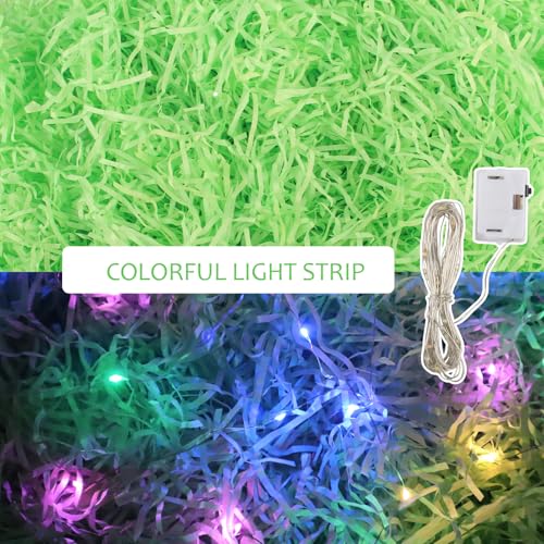 GZGXKJ Ostergras Grün 300g Dekogras Ostern Füllmaterial Geschenk Easter Grass mit Kabelgebundene Lampe Osternest Gras für Osternester Osterdeko Zum Basteln Holzwolle Ostergras