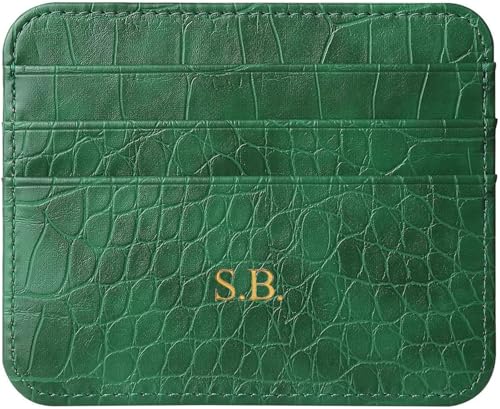 Personalisa Gold Silver Initial letters Credit Card Holder Wallet, PU Leather Ultra Slim Wallet, Thin Minimalist Credit Card Case Card Protector, Front Pocket Wallets for Men, Women (Green)