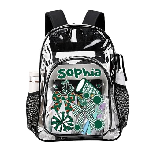 Personalized Clear Backpack PVC See Through Transparent Backpack with Name Reinforced Strap & Large Capacity Back to School Gifts(Green Football Cheerleading)2