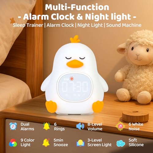 Image of Sleepy Duck Alarm Clock with Night Light for Kids with Sleep Training and Sound Machine, Rechargeable Silicone Lamp OK to Wake Clock,Cute Animal Tabletop Lamp, Perfect Sleep Companion for Boys Girls