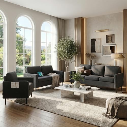 Image of STHOUYN Modern 3-Piece Living Room Set, 72 inch Grey 3 Seater Couch and 56 inch Loveseat with USB Ports, Small Couch and Chair Set for Small Space, Apartment, Office (Grey, 1 Chair + 1 Loveseat + 1 Couch)