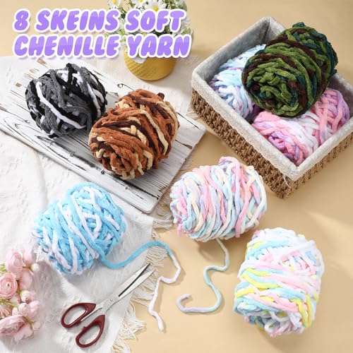Image of Buryeah 8 Pack Chunky Chenille Yarn for Crocheting Soft Thick Fluffy Yarn for Hand Knitting Bulky Velvet Blanket Plush for Weaving DIY Crafts Each 3.5 oz 55 Yards (Gradient Colors)
