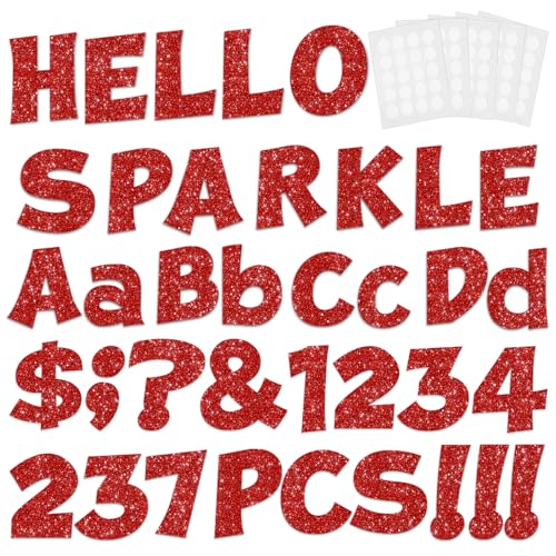 Image of 237 Pcs Glitter Bulletin Board Letters, Numbers and Punctuation 4 Inch | Cut Out Letters for Bulletin Board Decorations, Poster Board Letters Alphabet Cutouts for Classroom Wall Decor (Red)