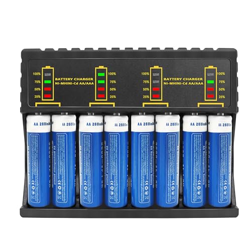 LED Display 8 Bay Battery Charger with Discharge Function for AA, AAA, Ni-Mh Ni-Cd Rechargeable Batteries，Type C and Micro USB Input(5V 2A), Fast Charging Function (8AA)