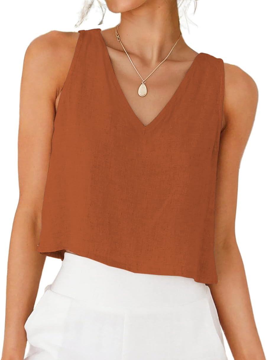 IDEALSANXUN Womens V Neck Linen Tank Tops Spring Summer Sleeveless Shirts