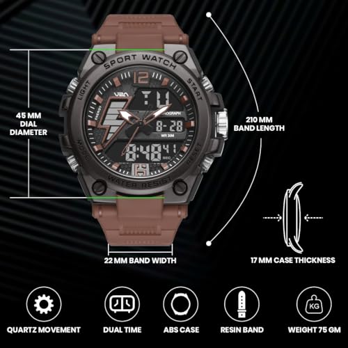 Image of V2A Stryke 45mm Analog Digital Sports Watch for Men | Hybrid Layered Dial | Alarm Stopwatch Backlight Day Date | TPU Strap | 30M Water Resistant | Gift for Mens