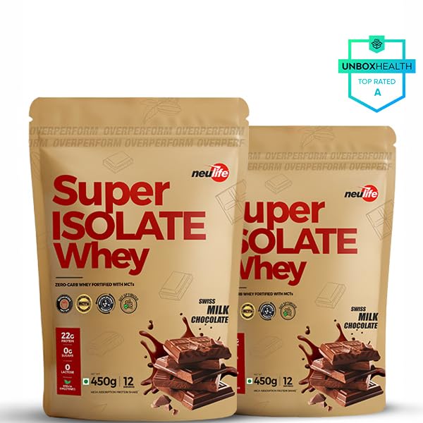 Image of Neulife Super Isolate Whey Protein (900 g 450x2) | Max Absorption Protein Shake with Patented Ketofuel MCTs | Swiss Milk Chocolate