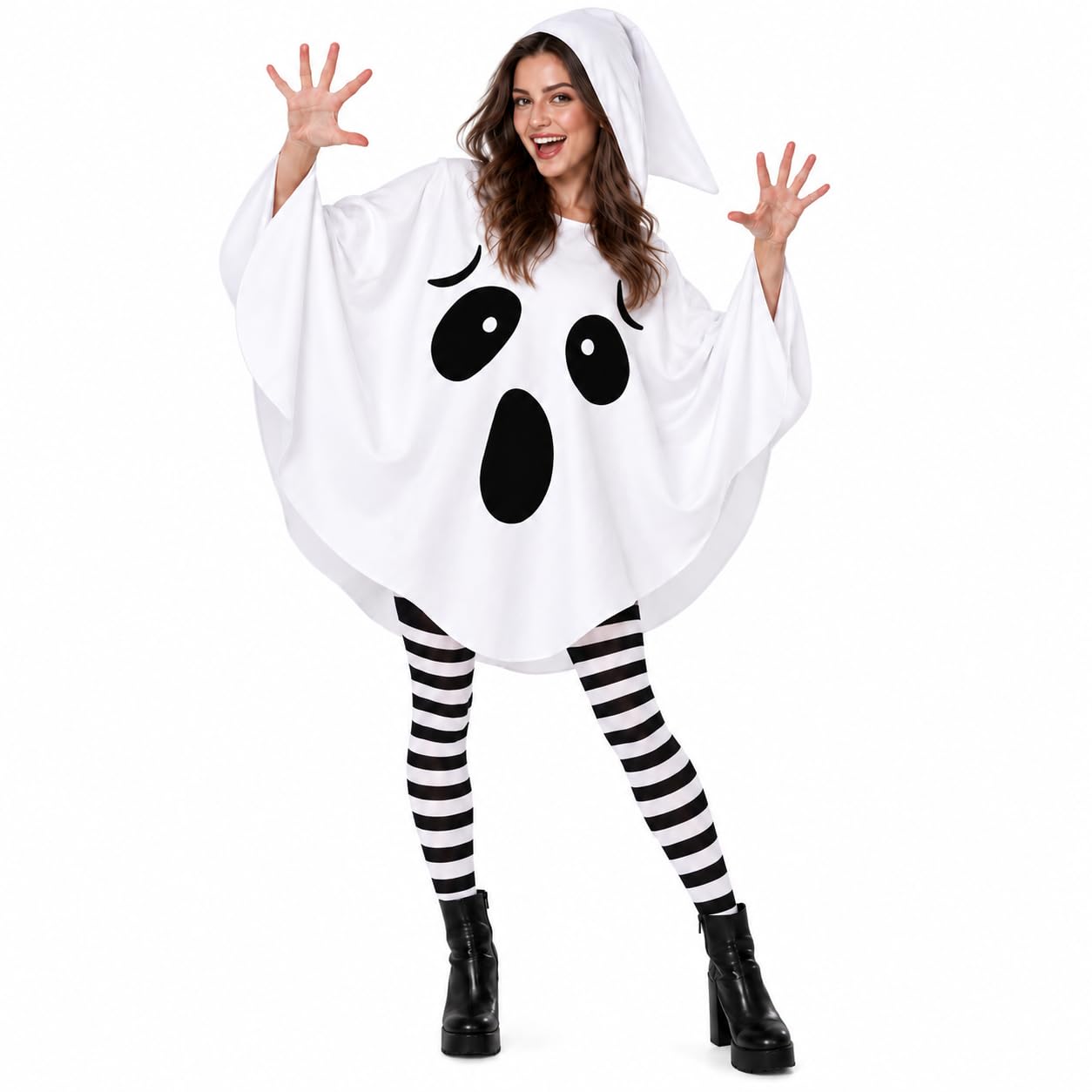 Women Ghost Halloween Costume 2 Piece Set, Adult Ghost Costume with Poncho & Striped Leg Socks, Cute Spooky Fancy Dress Outfit for Women, Halloween Party, Carnival & Costume Event — image 1