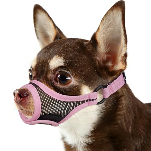 Mayerzon Mesh Dog Muzzle for Short Snout Small Dogs Adjustable Muzzle for Chihuahua Yorkshire Shih Tzu Prevent Fierce Barking Biting Eating for Grooming Vet Visits Allow to Pant Drink (Pink XXS)