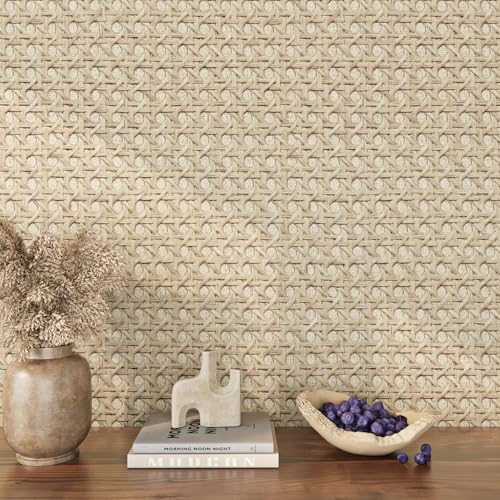 ReWallpaper 40CMx7M Papier Peint Aspect Rotin Beige Vinyle Adhesif Cannage pour Table Ronde Armoire Rouleau Adhesif Decoratif Meuble Chambre Papier Peint Mural...
