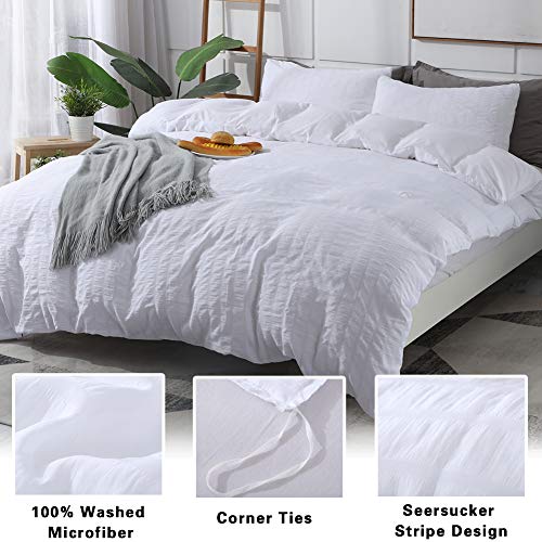 Avelom White Duvet Cover Queen (90 X 90 Inches)， 3 Pieces (1 Duvet Cover + 2 Pillow Cases) Stripe Zipper Closure Corner Ties Soft Washed Microfiber Duvet Cover For Men, Women #TOP1