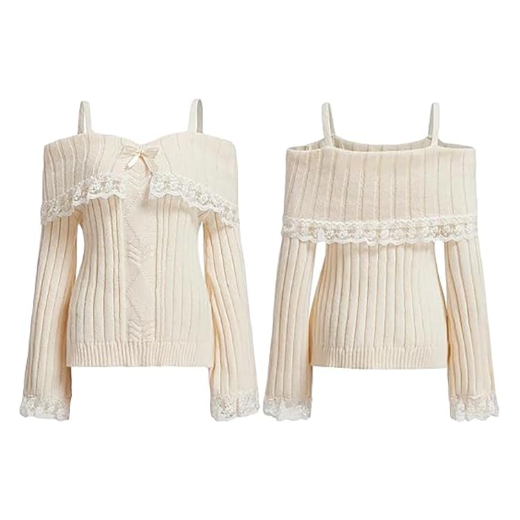 Women Off Shoulder Sweater Top Y2K Aesthetic Long Sleeve Lace Trim Knit Pullover Sweater Cutecore Kawaii Clothes3