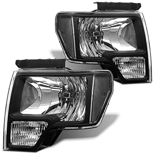 ADCARLIGHTS 2009-2014 Ford F150 Pickup Headlight Assembly for 2009-2014 Ford F150 Clear Lens Black Housing with Clear Reflector Headlamp Replacement Left and RightW/O Bulbs