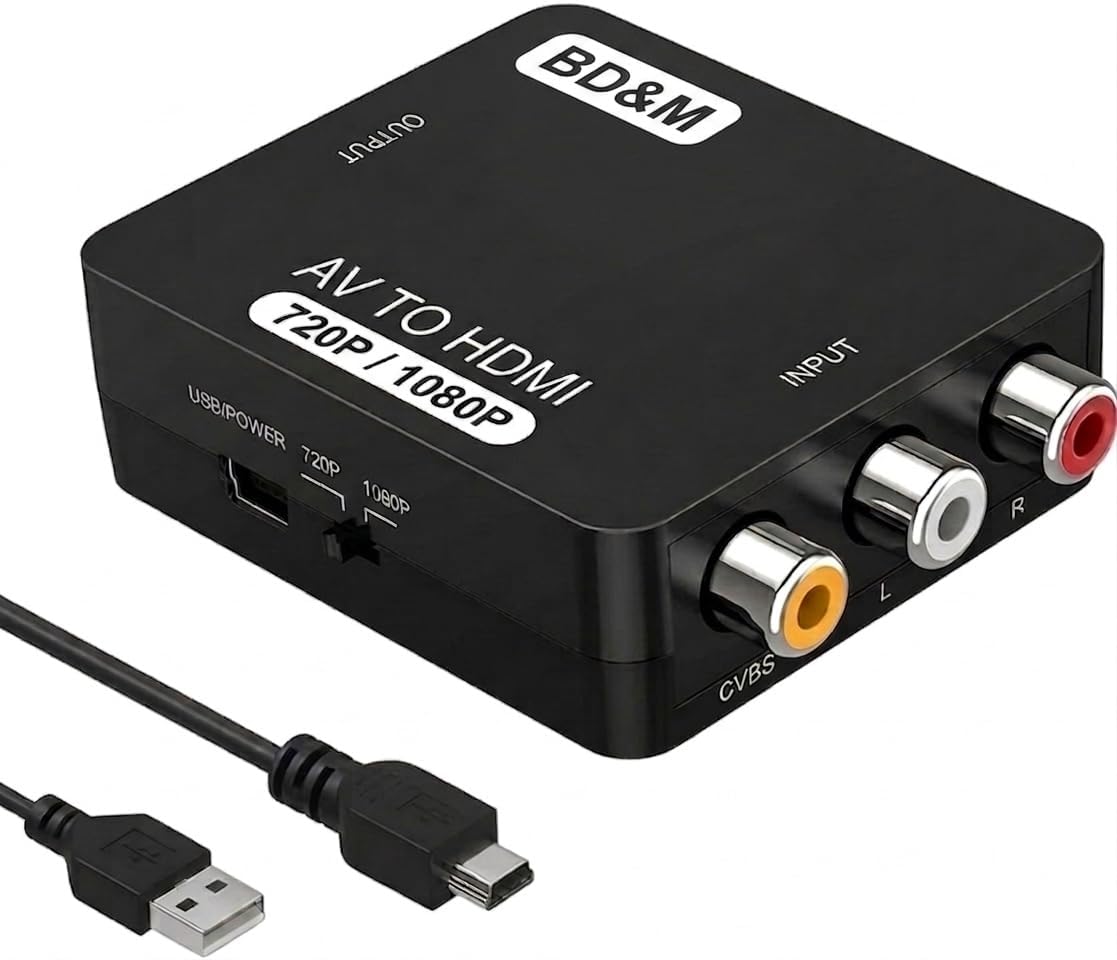 BD&M RCA to HDMI Converter, AV to HDMI Adapter 1080P Composite CVBS Video Audio Kit Compatible with N64 Wii PS2 Xbox VHS VCR Camera DVD, Support PAL/NTSC with USB Power Cable