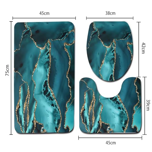 Badvorleger Set Dunkelgrünes Marmormuster Badgarnitur 3 Teilig, Bodenvorleger U-förmiger WC-Vorleger WC-Deckelbezug, rutschfest, Waschbar für Badewanne, Dusche, Badezimmer – Bild 3