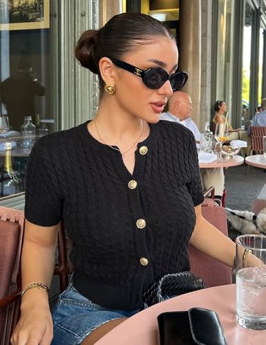 Yimoon Womens Short Sleeve Summer Cardigan Crop Button Down Cable Knit Sweater Basic Crewneck Slim fit Going Out Tops2