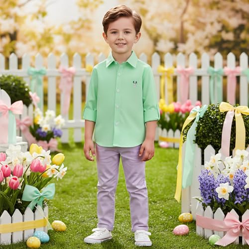 Image of OCHENTA Boys' Long Sleeve Button Down Cute Rabbit Casual Dress Easter Shirt | Oxford Cotton, Embroidered Bunny, Shirts for Boys School & Easter, Church, Wedding, Family Photos, Holiday Outfit