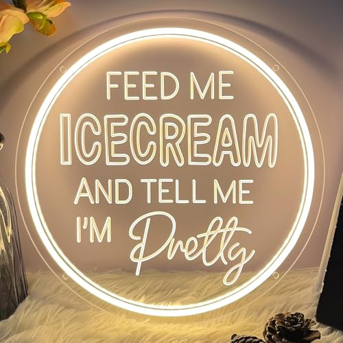 Image of Neon Sign Feed Me Icecream & Tell Me I'm Pretty Wall Decor 3D Art Carving Design Indoor Bedroom Led Neon Sign Backdrop Flex Christmas Business Room Shop Window Birthday Gift(Warm White,USB,30x30CM)