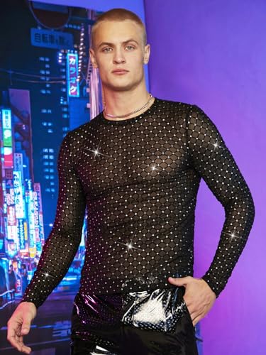 WDIRARA Men's Rhinestone Trim Mesh Sheer Long Sleeve Round Neck Party Blouse Shirts3