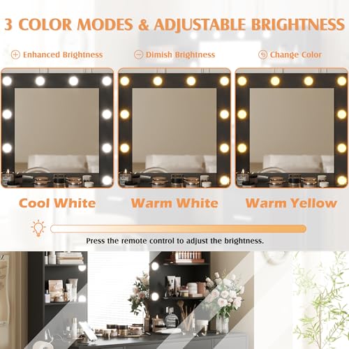 Image of YESHOMY Vanity Desk with Mirror, Power Outlet and 10 Lights, Makeup Table with 7 Drawers, 3 Color Modes Available for Bedroom, Black