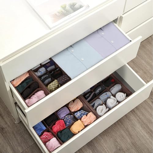 Image of HOKIPO Fabric Undergarment Clothing Organizer Storage Box for Drawers Bra Panty Socks Tie Lingerie Organizer for Wardrobe, 4 Pcs-6+8+8+24 Grids (NEW-332 + 334 + 335 + 336), Brown
