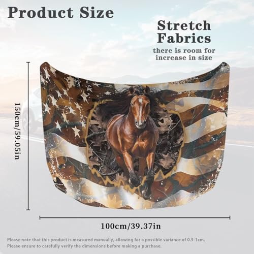 Image of Car Hood Cover Horse American Flag Car Hood Wraps Auto Banner Stretchable Auto Decorative Accessories for Compact Sedans SUV Trucks (59x39 Inch)