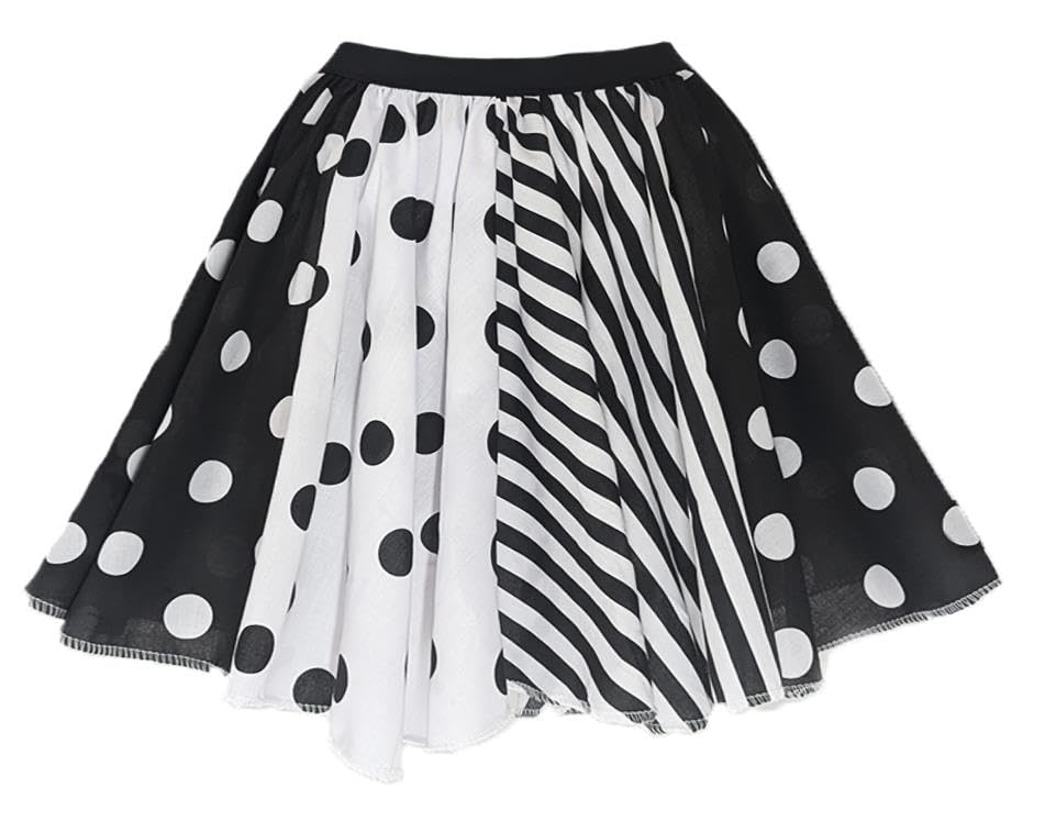 The Dragons Den Adults 15" Length Polka Dot Spot Striped Clown Harlequin Skater Skirt Halloween Horror Circus Fancy Dress [Black & White - S-M]