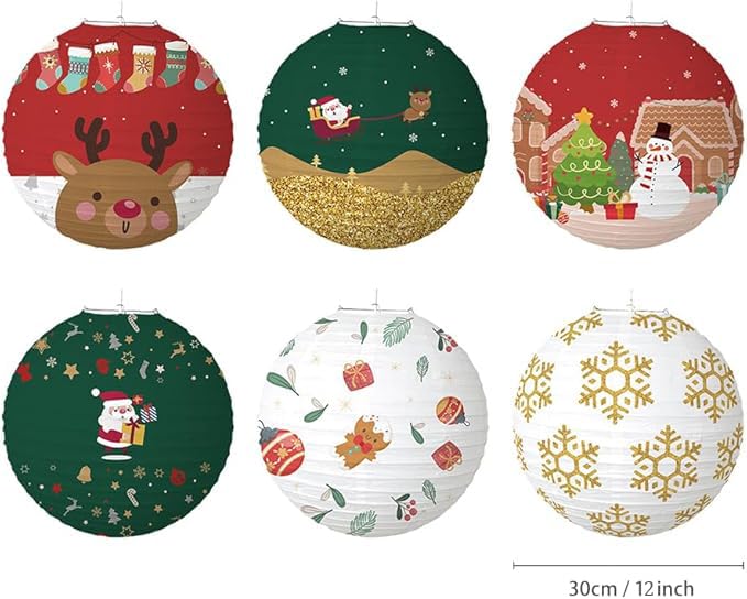Image of 6 Pcs Christmas Hanging Paper Lantern Set Lanterns Xmas Party Supplies for Outdoor Indoor Classroom Birthday Graduation Christmas Decorations (Picture)
