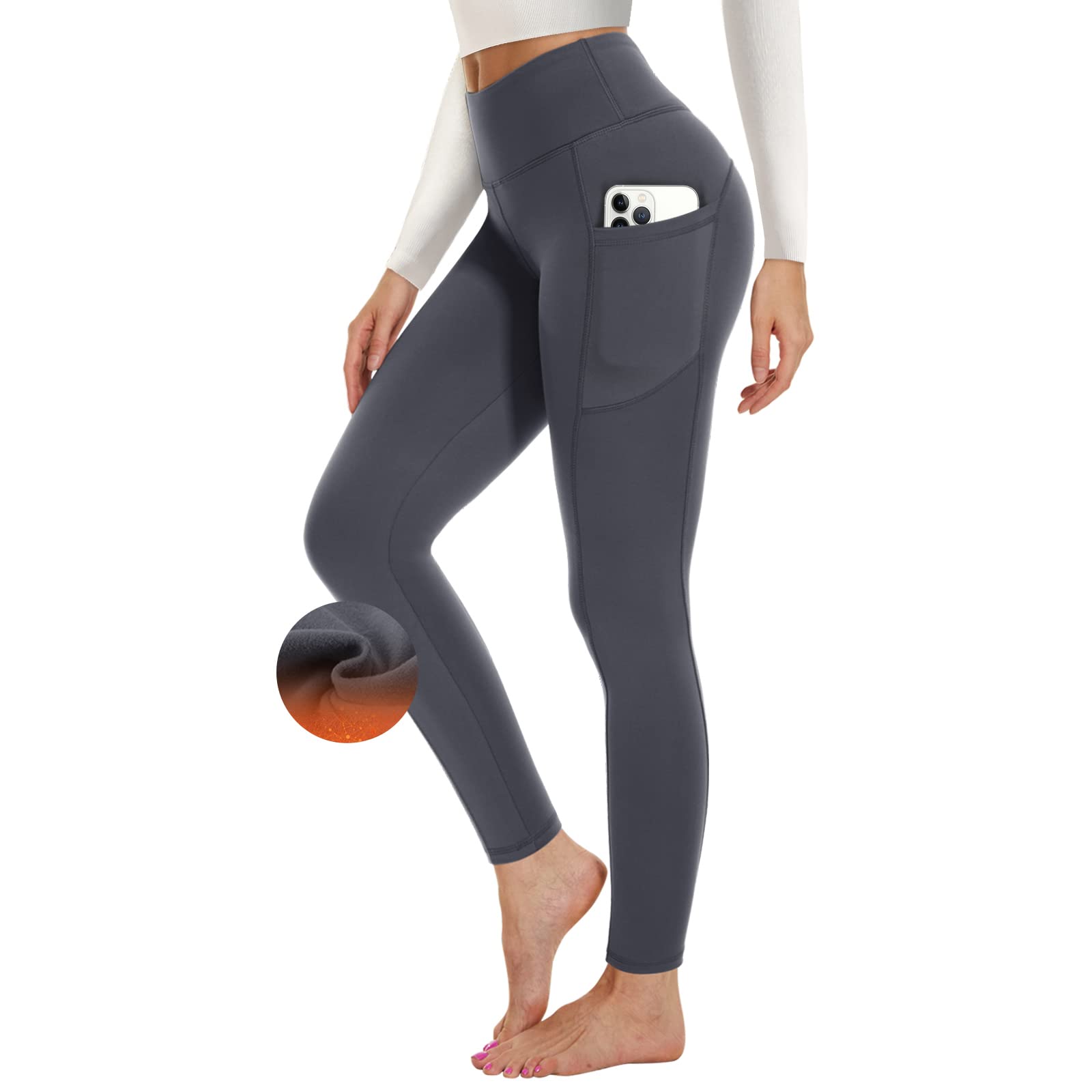 GAYHAY Fleece Lined Leggings Women with Pockets - Thermal High Waisted Winter Yoga Pants Warm Thick Leggings for Workout
