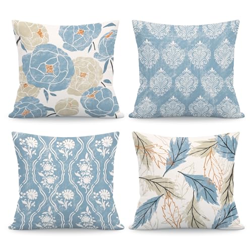 NymphFable Juego de 4 Fundas de Cojín Vintage Flores Azul Blanco 45 x 45 cm, Estampado Botánico Terciopelo Fundas Decorativas para Sofá Sillón Clásico