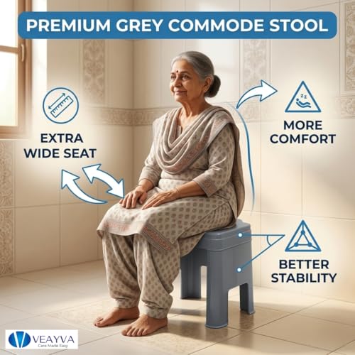 Image of Veayva FlexEase Commode Stool - Wide Seat, Non-Rust Plastic, Knock-Down Design | Shower-Friendly Toilet Stool for Elderly, Disabled, Adults | Lightweight & Hygienic (Stone Grey)