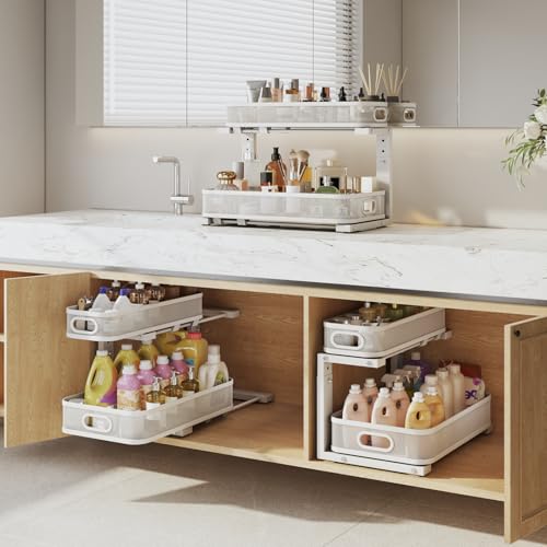 Image of 2 Pack 19.3IN-Depth Under Sink Organizer with Smooth Cylindrical Rail,2-Tier Pull Out Multi-Purpose Cabinet Storage for Bathroom&Kitchen,Height Adjustable,Rust-Resistant Coating-White