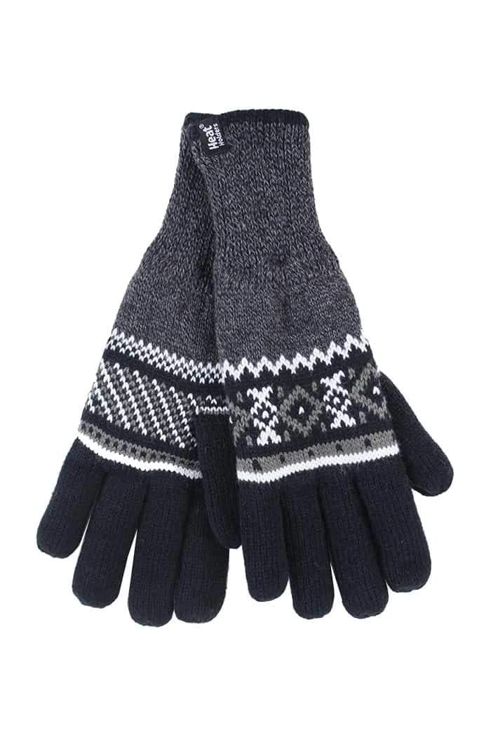 Heat Holders Men's Black (Karlstad) - Striped Nordic Fairisle Zig Zag Knitted Fleece Lined Thermal Winter Warm Gloves (S/M, )