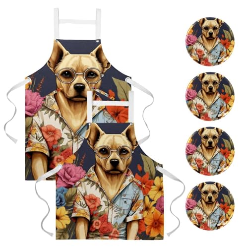 Tablier de cuisine imperméable lot de 2 imprimé fleurs chiens pour cuisiner en famille